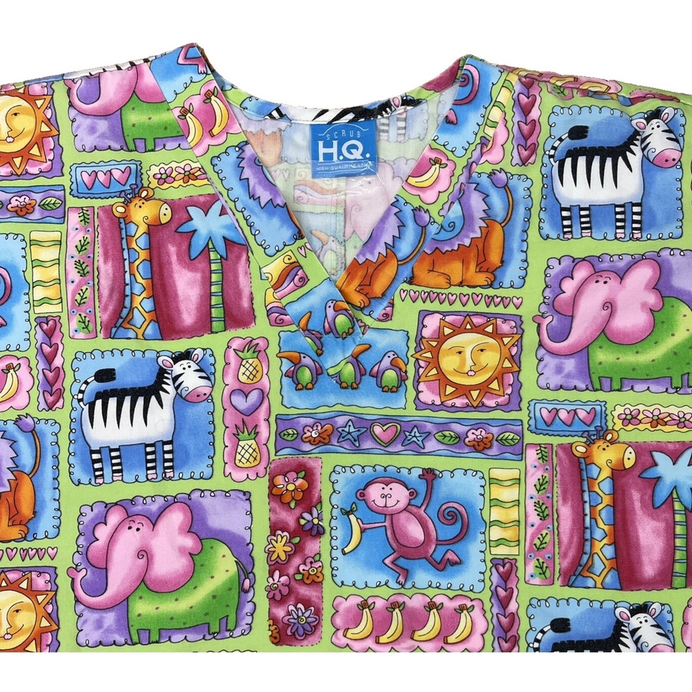 HQ Womens Large Scrub Top Zoo Animals Tiger Monkey Hippo Elephant Jungle